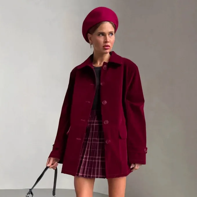 2025 Retro Weinrote Jacke Herbst Winter Samt Oberbekleidung Einreiher Langarm Mode Kleidung Damen High-End-Mäntel
