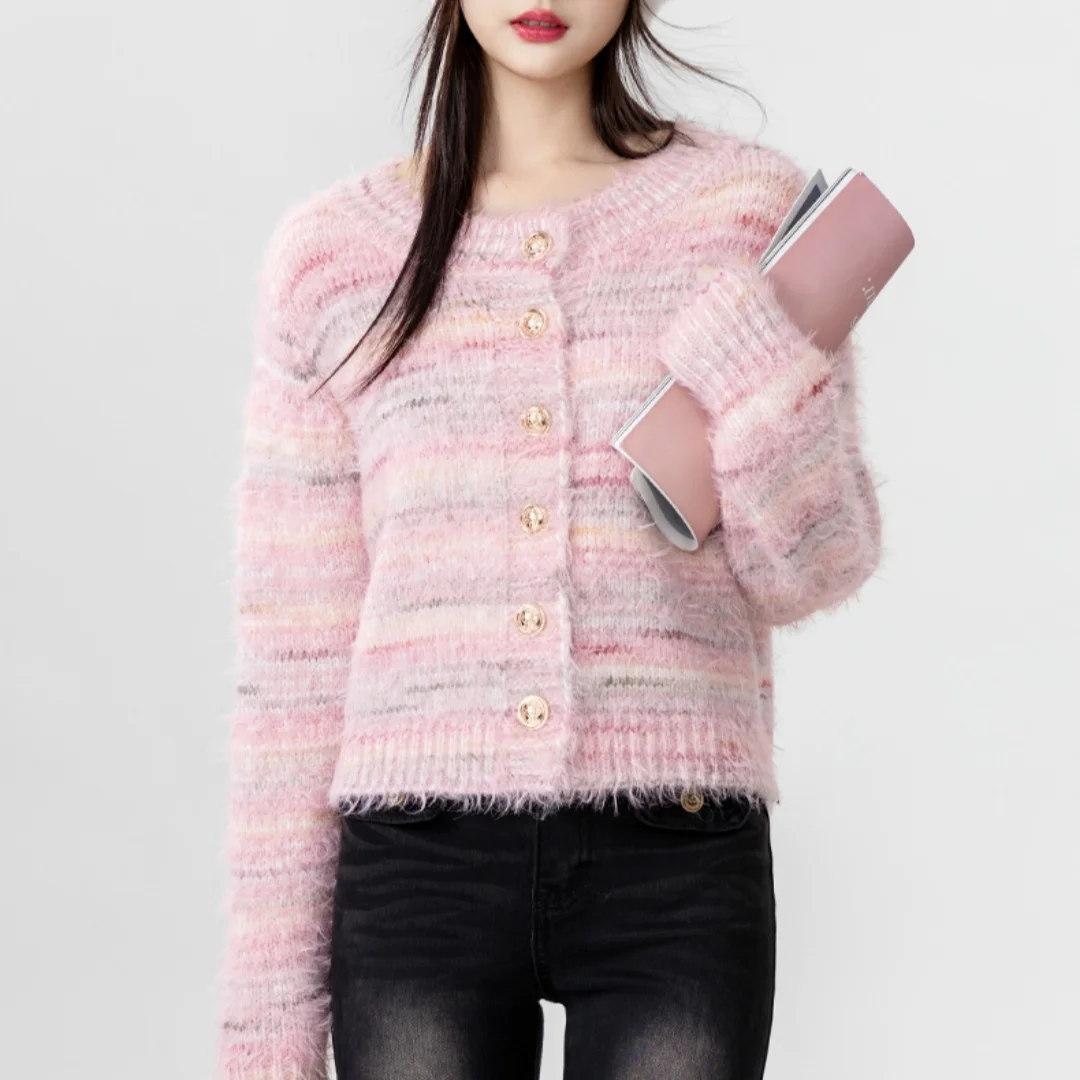 Rainbow Striped Autumn Winter New Pink Top Women's Fashion Knitted Cardigan Kawaii Sweater  Cropped Cardigan