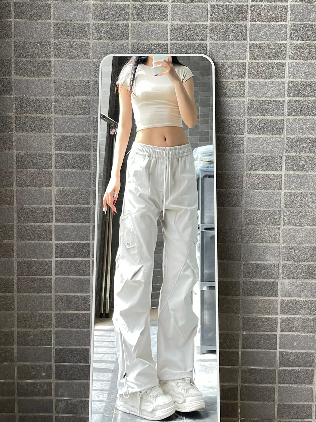 Light Grey Ice Silk Quick Dry Paratrooper Pants Men Women Thin American Folded Deconstructed Oblique Cut Workwear Straight Le...