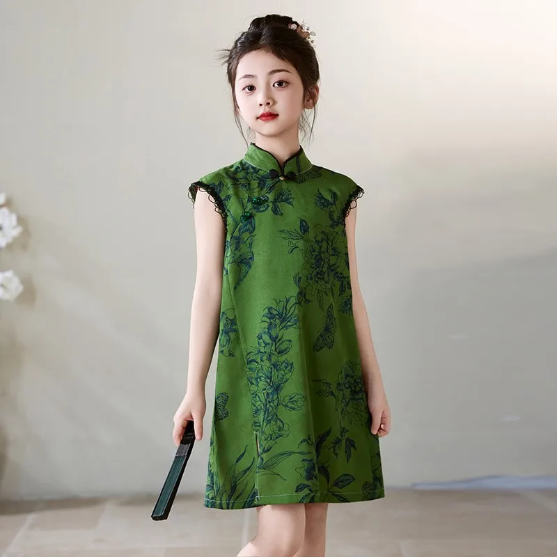 Girls' Summer Chinese Cheongsam Skirt Children's 2026 New Chinese Style Retro Qipao Dress Children's Performance Costume LJ619