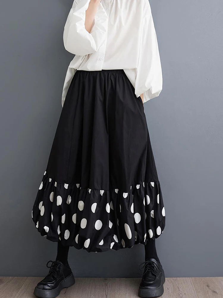 

XITAO Spliced Puffy Skirt Wave Point Elastic Waist Simplicity Casual Loose All Match Spring Fashion Women A-line Skirt LYD1747