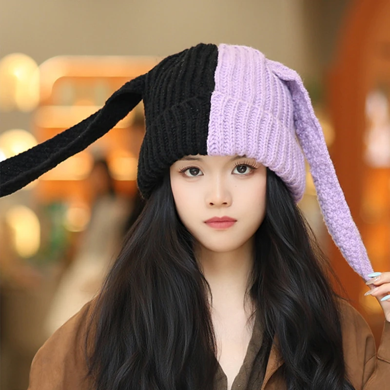 Korean Cute Contrast Color Rabbit Ear Knitted Hat Winter Keep Warm Beanie For Women