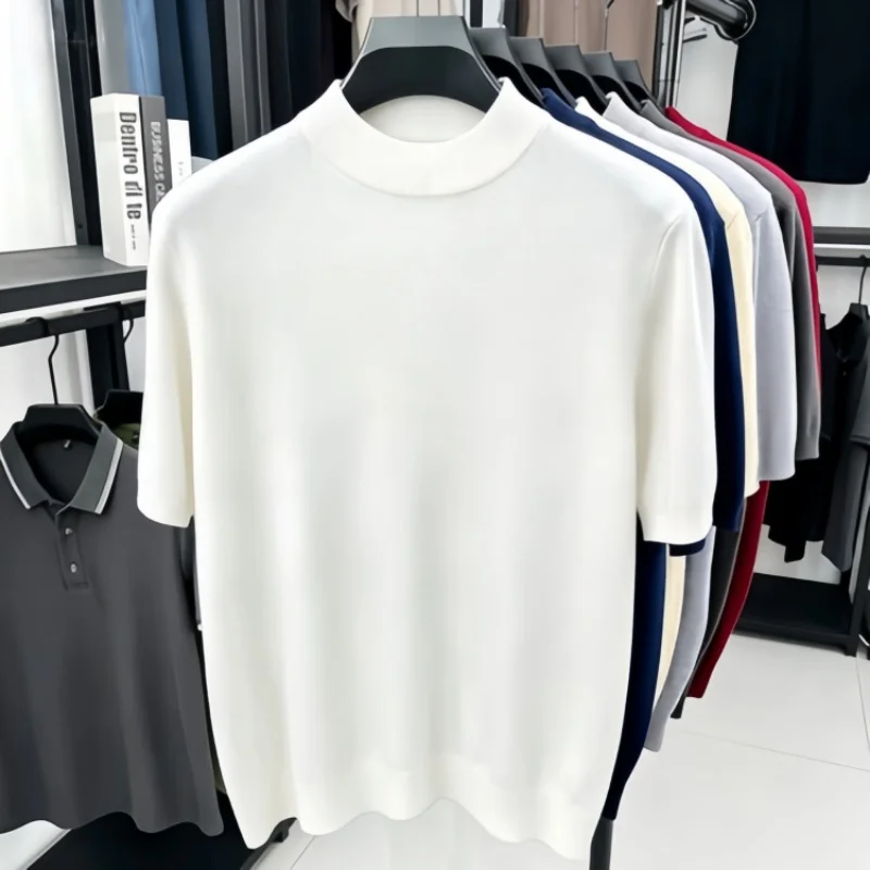 Herren Einfarbige Mock-Neck Kurzarm-Strick-T-Shirts Lässige Basis-Oberteile Weich Dehnbar Knitterfrei Für Alle Jahreszeiten Geeignet – Detail 19