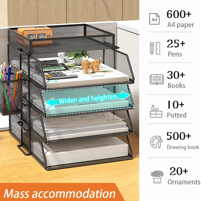 4-Tier Desk Organizer Stackable Tray Office Desk Organizer File and Desktop Holder for Paper Letter Accessories Black