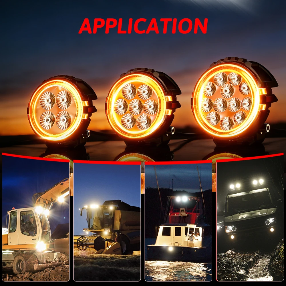 HAOLIDE 2PCS 4 Inch Round & Square LED Floodlight Dual Color White Amber with Amber Halo Ring IP68 off-road use for Truck Car