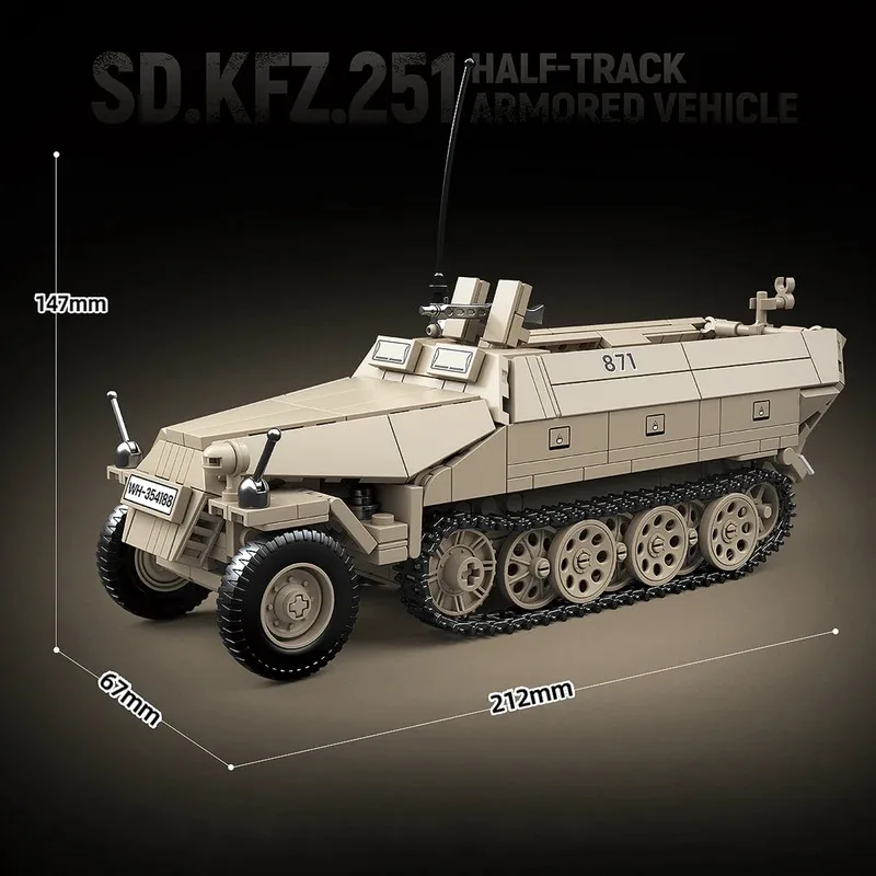 714pcs Sd.Kfz.251 Half-Track Armored Vehicle Building Blocks WWII Classic Tank Vehicle Military Bricks Toys for Kids Adults Gift