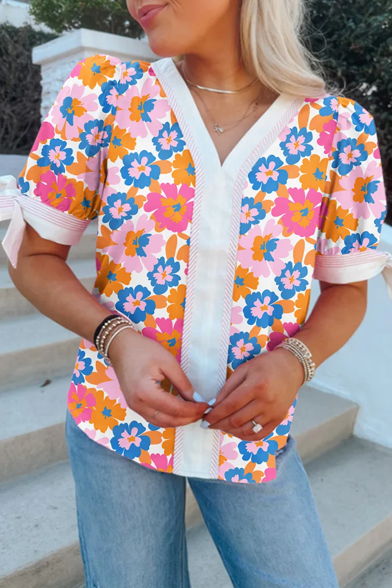 

2025 Summer New Short Sleeve Tops For Women European And American Design Tie-Strap Printed Chiffon Shirt Women Blouse