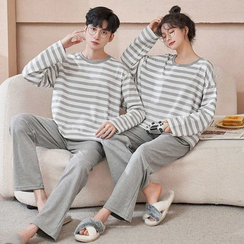 Couple Nightwear Men Women Cotton Pajamas Set Big Size Autumn Nightwear Homewear Set Long Sleeve Pant Korean Kawaii Clothes