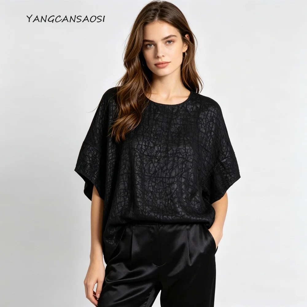 Premium Black 100% Natural Mulberry Silk Turtle Crack Fragrant Cloud Yarn Round Neck Lantern Sleeve Women's Fashionable T-shirt