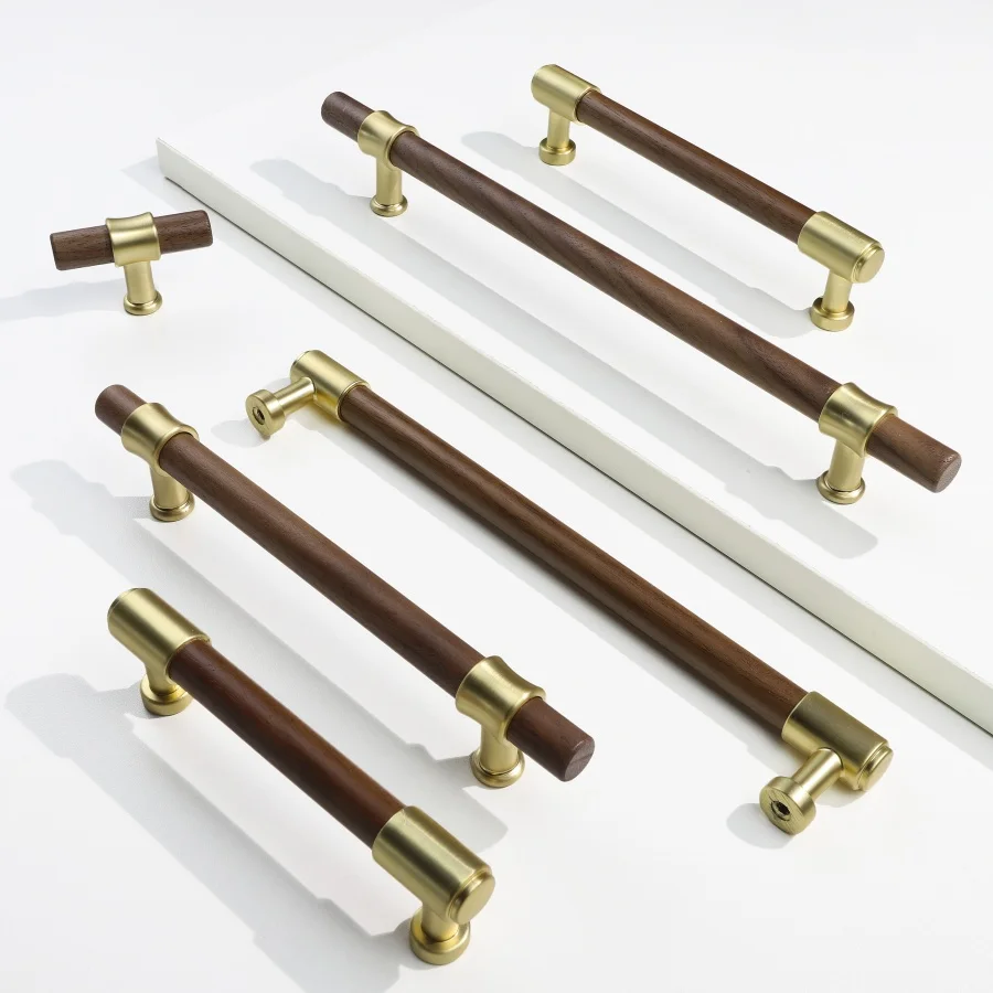 

Nordic Black Walnut Wooden Handles Drawer Knobs Gold Kitchen Furniture Door Handles Wood Cupboard Cabinets Brass Handle Hardware