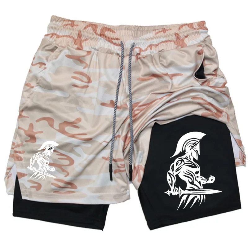 Warrior Print 2 in 1 Running Shorts for Men Gym Workout Compression Shorts with Phone Pocket Towel Loop Summer Sport