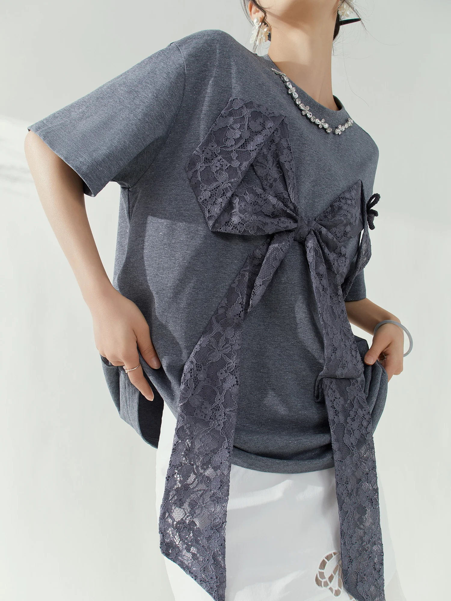 

Летняя футболка с 3D кружевом и узлом, свободного кроя, утягивающая, с коротким рукавом, повседневная, из полиэстера, с круглым вырезом, стандартный размер L