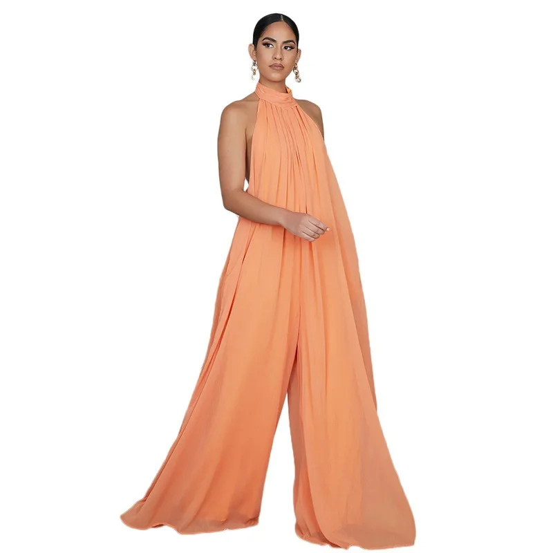 New European American Casual Sleeveless Chiffon Wide Truffle Back Women's Jumpsuit with Fashionable Elegant Temperament Design