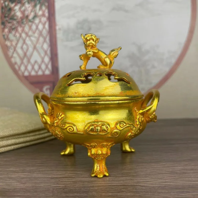 

Imitation Copper Ware Gilding Lion Cover Stove Xuande Three-Legged Stove Domestic Sandalwood Agarwood Incense Burner Incense Bur