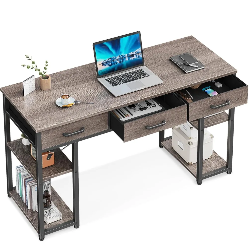 

Office Small Computer Desk: Home Table with Fabric Drawers & Storage Shelves, Modern Writing Desk