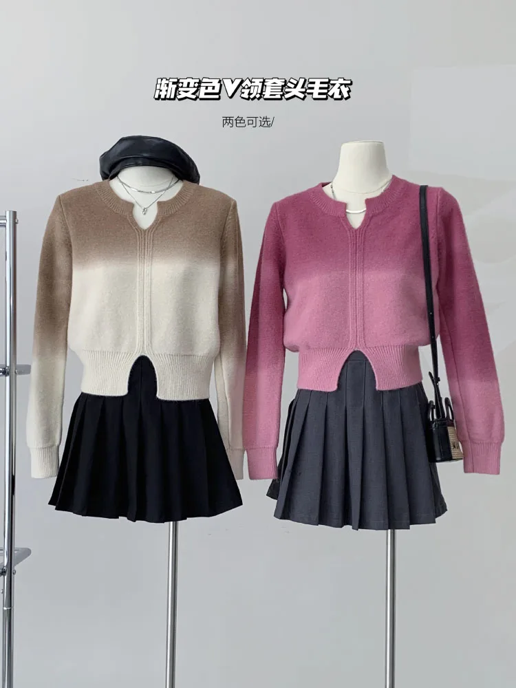 

Gradient Fashion Slit Knit Sweater Autumn Aesthetic Long Sleeve Vintage Preppy Sweater Sexy Sweater