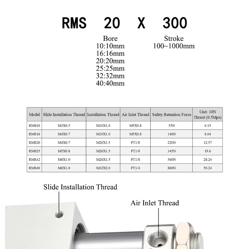 RMS Series Air Cylinder 10/16/20/25/32 40mm Bore Rodless Magnetic Cylinders 50 100 150 200 250 300mm Stroke Pneumatic Cylinder