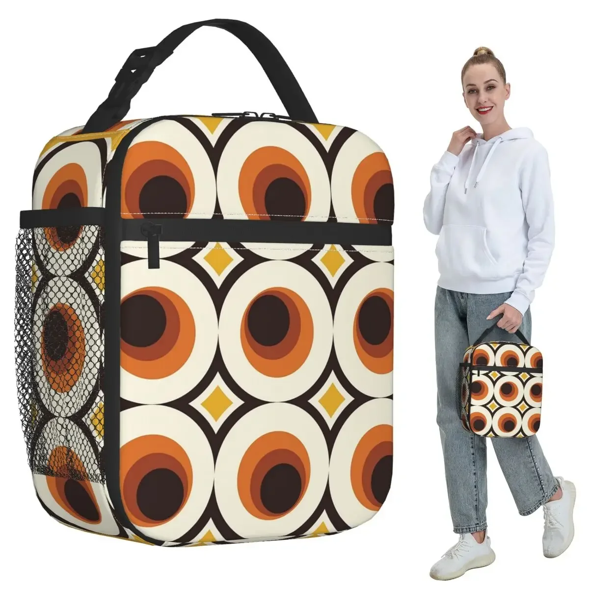 1970s Orange Mid-Century Modern Circle 1 Insulated Lunch Bag for Kids School Cooler Thermal Food Box Tote Lunch Boxes Container