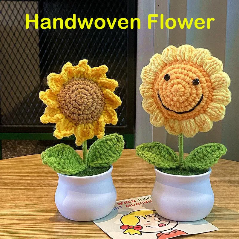 

Handwoven Mini Potted Flower Rose Office Desktop Ornamental Potted Plants Woolen Thread Finished Product Home Decoration