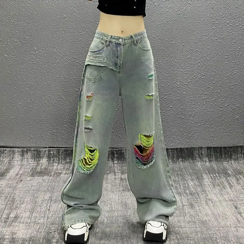 Fashion Zipper Button Pockets Color Tassel Hole Jeans Female Clothing 2024 Autumn New Loose High Waist Young Style Trousers