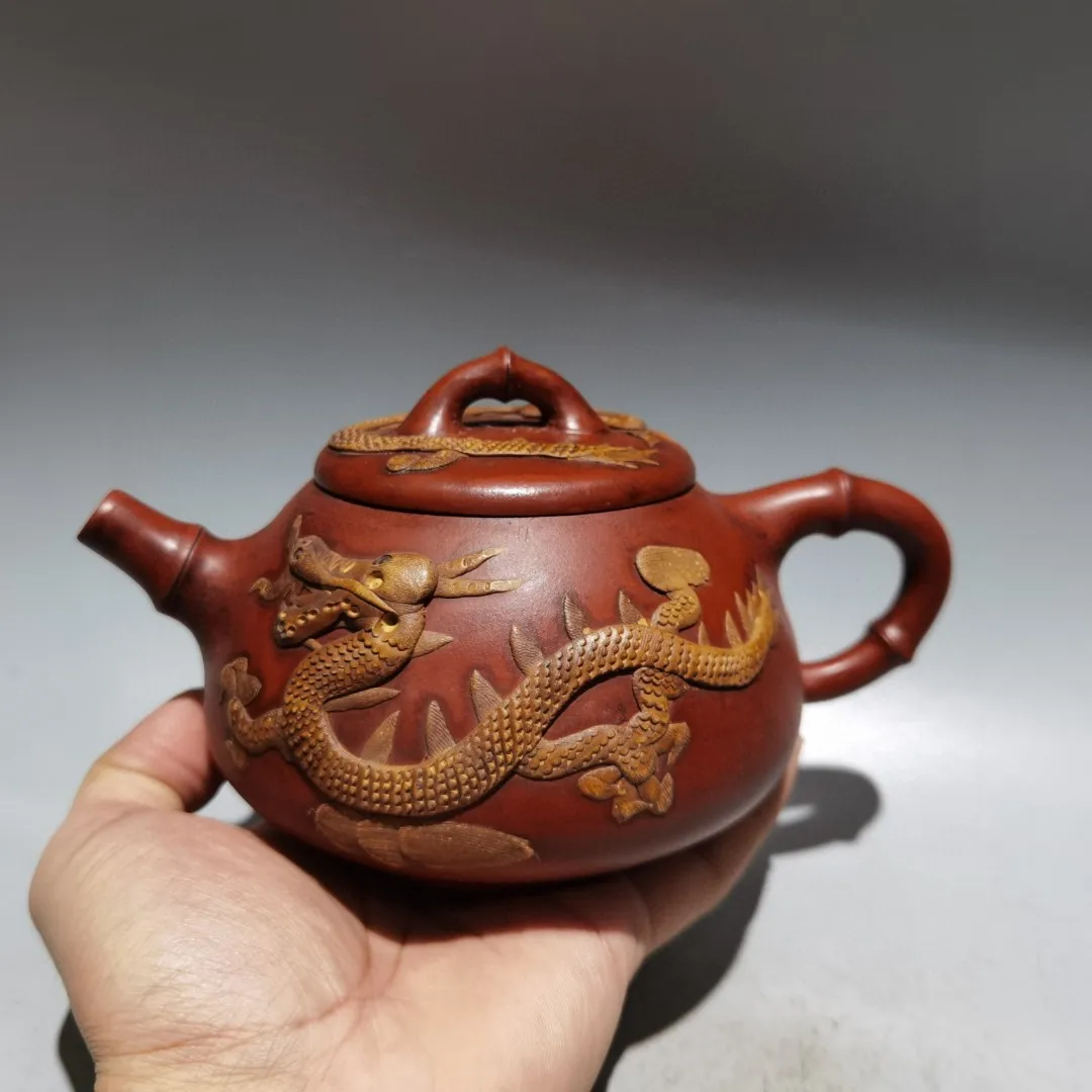Xizang Folk Yixing Purple Clay Teapot Chinese Loong Statue High Relief Dragon Bamboo pot Kettle Teapot Amass wealth Town house