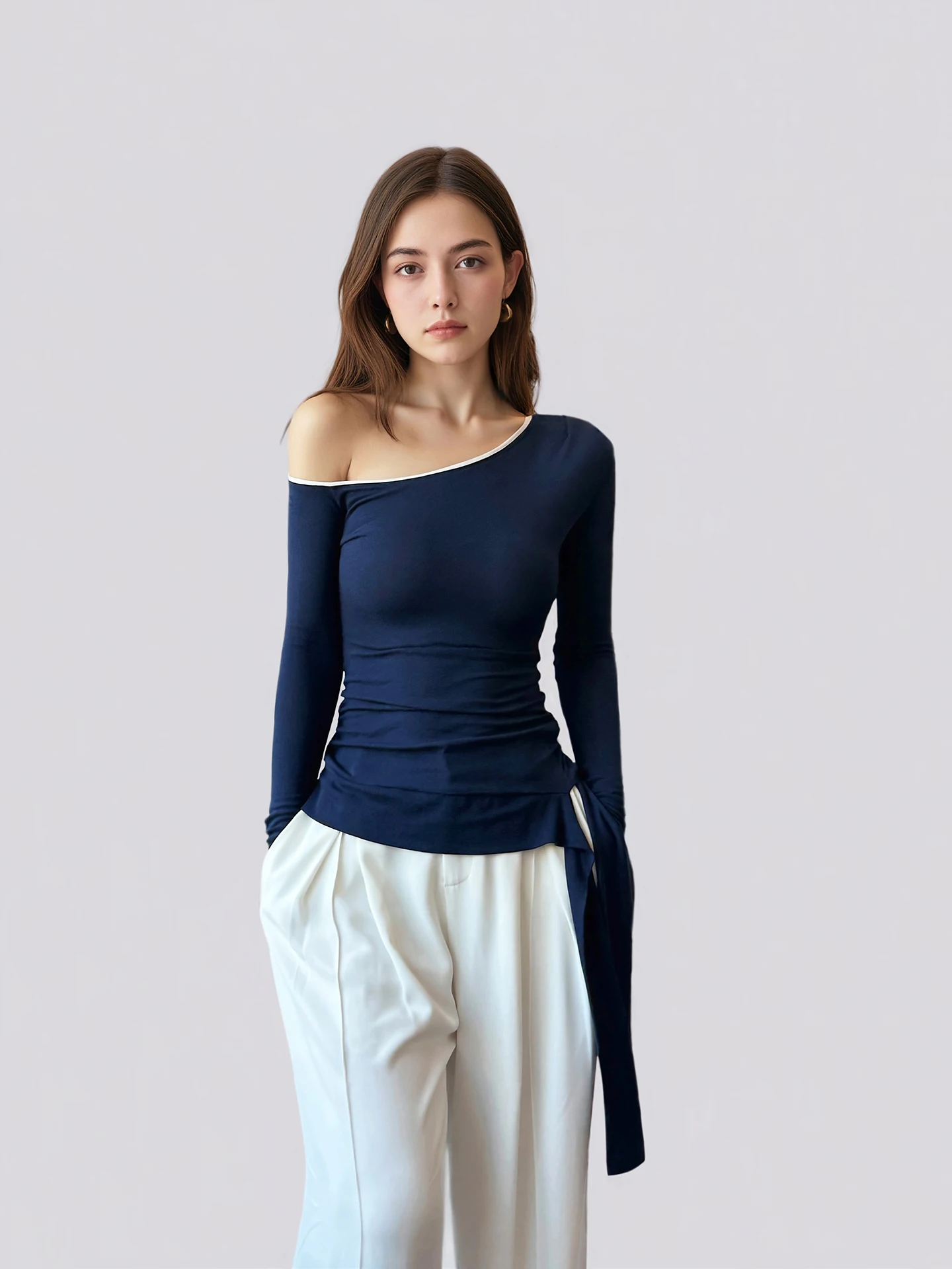 

Женская футболка ANGJIA Spring Design Slim Fit с асимметричными бретелями, длинными рукавами, открытыми плечами и завязками, повседневный стиль