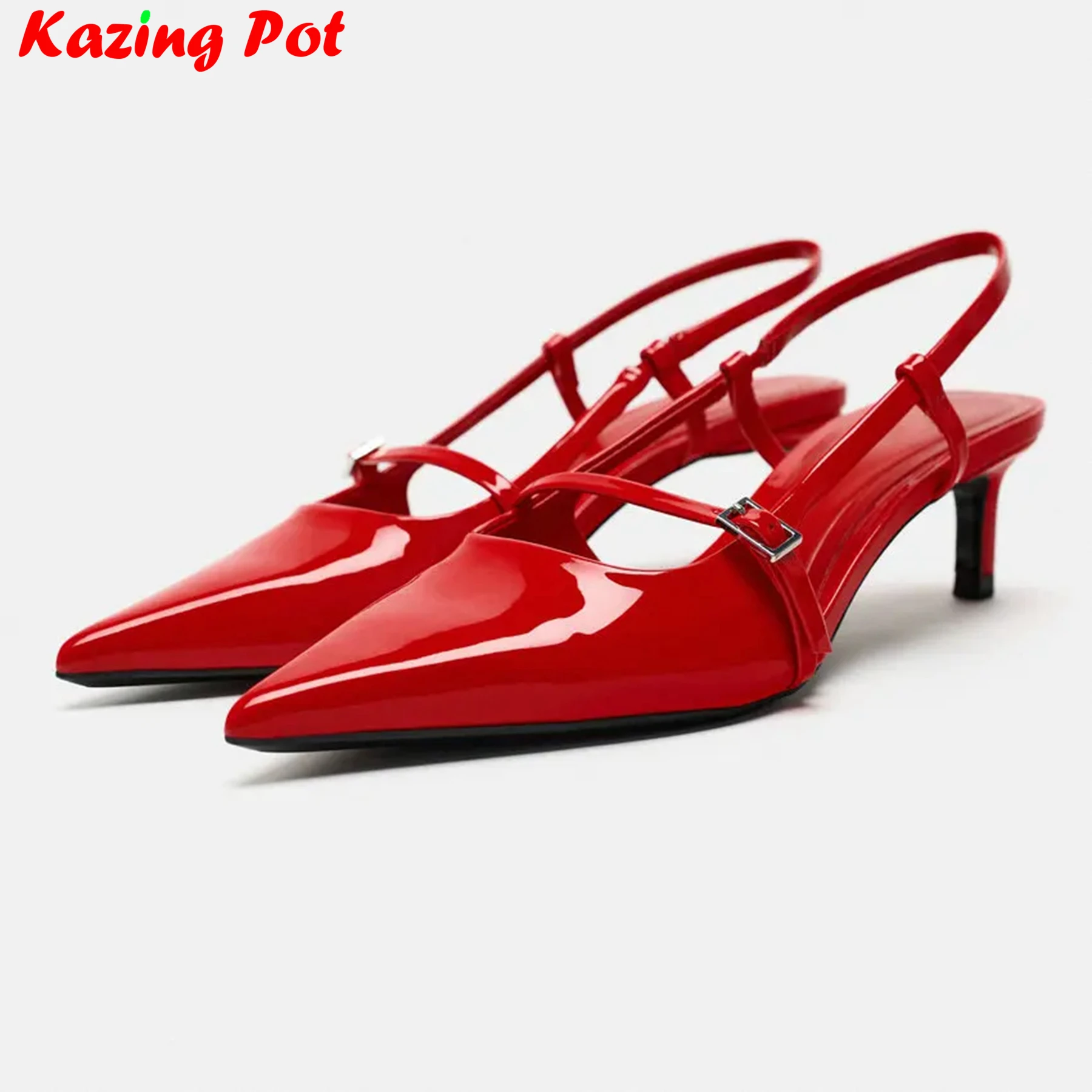 Krazing Pot 2024 Patent Leather Women Sandals Sexy Pointed Toe Ankle Strap Party Slingback High Heels Summer Red Wedding Shoes