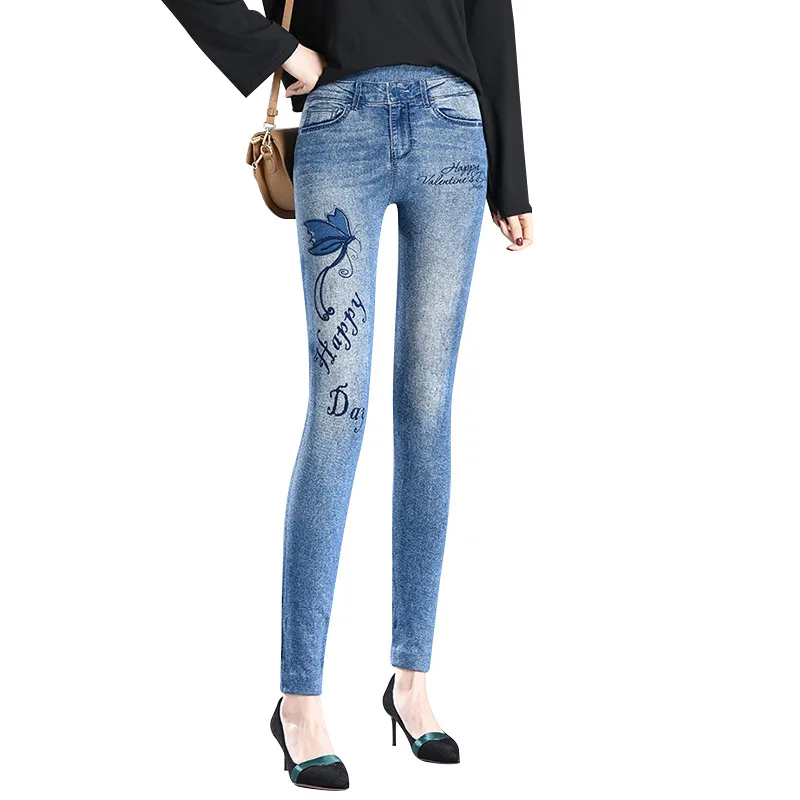 Autumn Winter High Waist Elastic Butterfly Pritned Pencil Pants Faux Denim Leggings Large Elastic Pants Slim and Thin Trousers