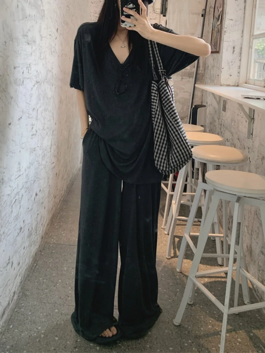 

Alien Kitty Comfortable Women Suits Oversize Cotton T-Shirts V-Neck Short Sleeve Summer 2025 Mopping Wide Leg Pants High Street