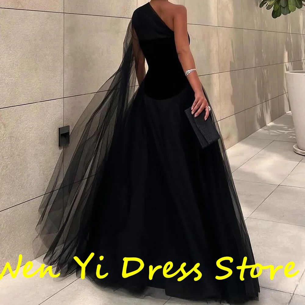 One Shoulder Sleeveless Straight Pleats Floor Length Sweep Train Black Shawl Elegant Party Dresses Woman Special Occasion Gowns