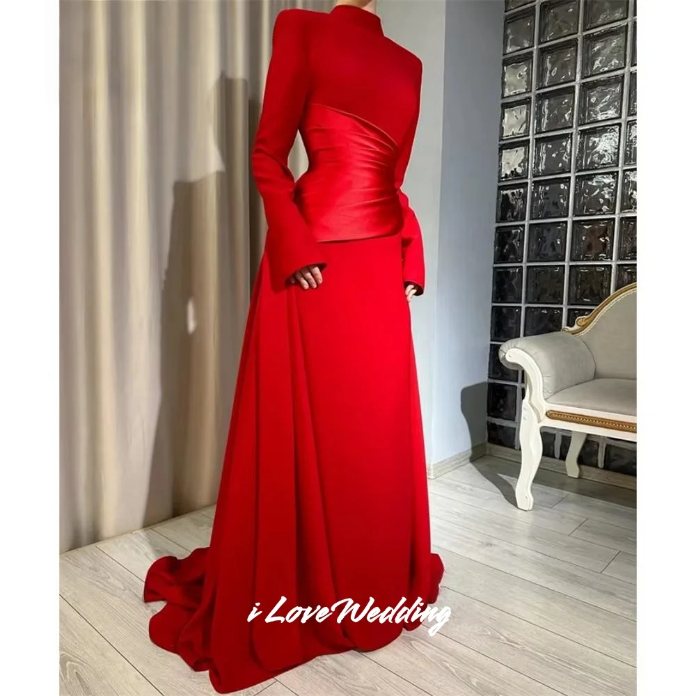 Красные вечерние платья с высоким воротом 2025, атласное платье русалки длиной до пола, платье для выпускного вечера, плиссированные свадебные платья по индивидуальному заказу