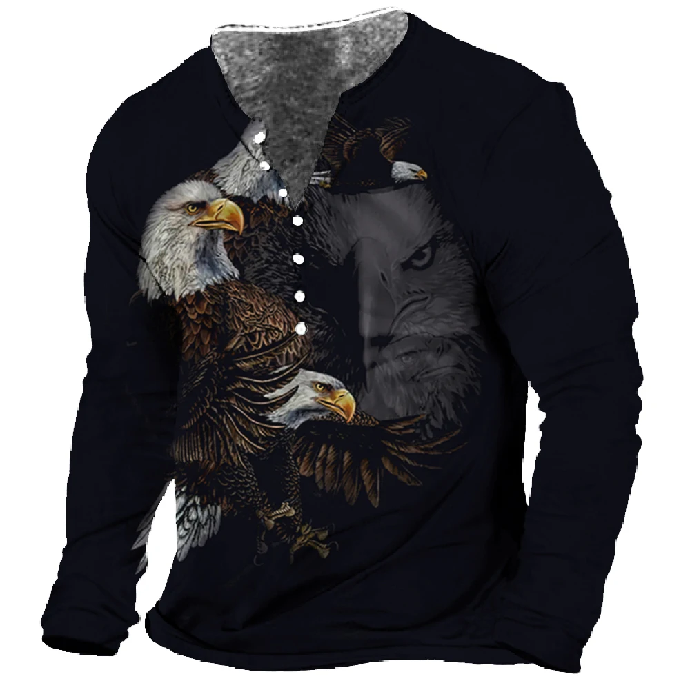 Men T-Shirt Henley Vintage Eagle Motorcycle Print Long Sleeve Daily Top Harajuku Streetwear Tee Men Seven Button Tshirt Pullover