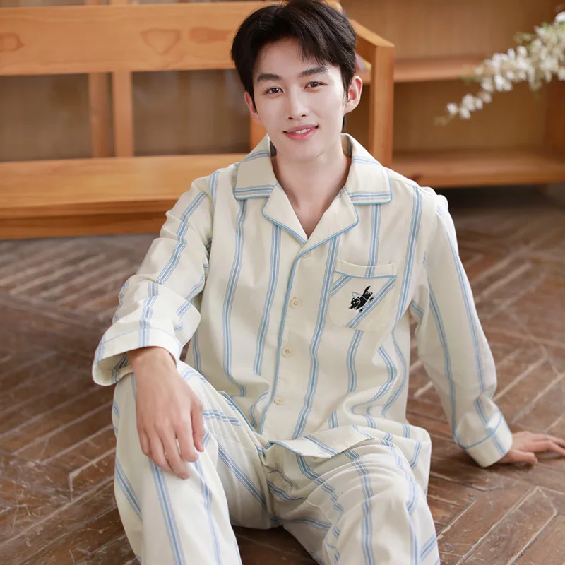 

Весенне-осенняя парная шерстяная флисовая одежда для сна из чистого хлопка с простыми полосками и высококачественная мужская повседневная домашняя одежда