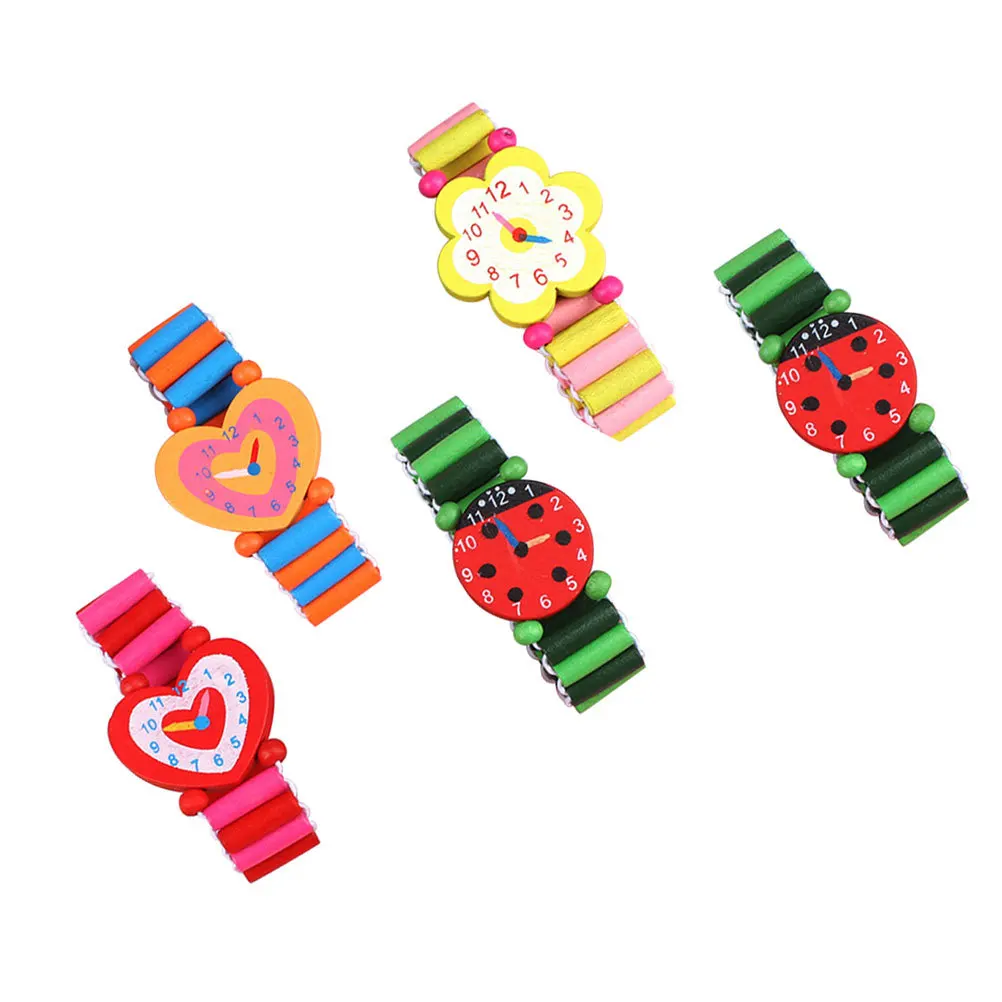 5 pezzi di cartone animato orologio in legno giocattoli per bambini colore brillante tempo cognitivo educativo falso orologio in legno per bambini apprendimento precoce