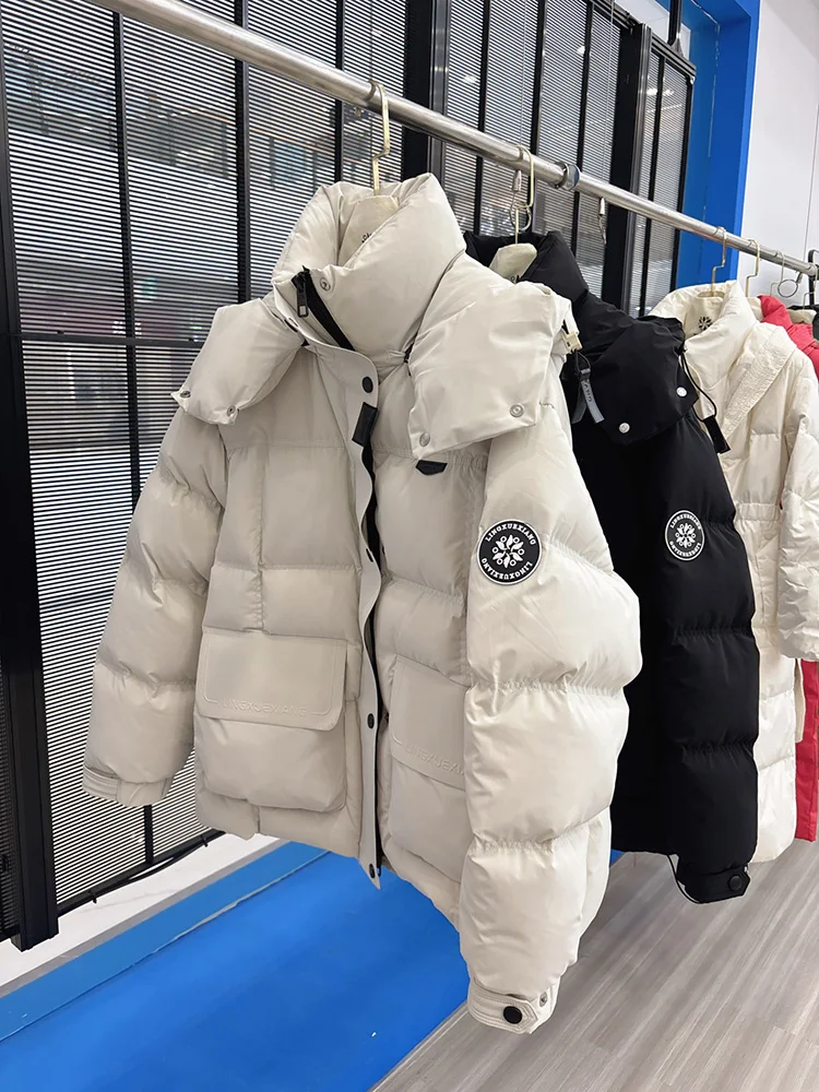 冬の極寒対応カップルダウンジャケット 男女兼用 フード付き 厚手 暖かい 90%ホワイトダックダウン ふわふわコート