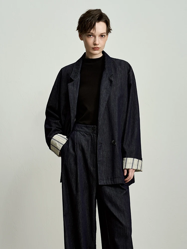 

Deep Sea Autumn New Sle Women's Casual Thin Denim Suit Jaet Original Color Loose Fit Long Sve Double Button Closure