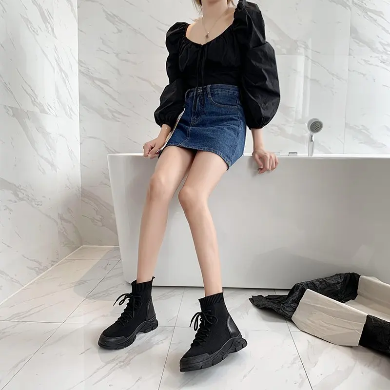 Women Ankle Boots Breathable Knitted 2021 Fashion Autumn Female Platform Boot Lace Up Mid-calf Boot Ladies Shoes Footwear