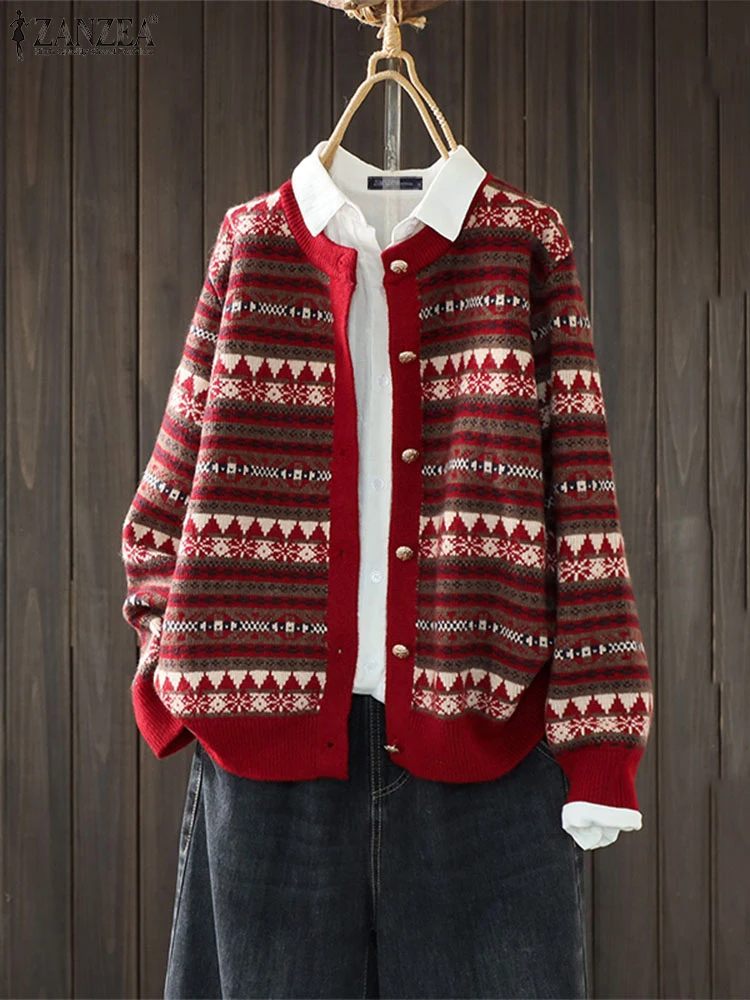 

ZANZEA 2025 Autumn Women Long Sleeve Cardigan O-Neck Loose Knitted Coats Casual Vintage Printing Sweaters Coats Oversized Femme