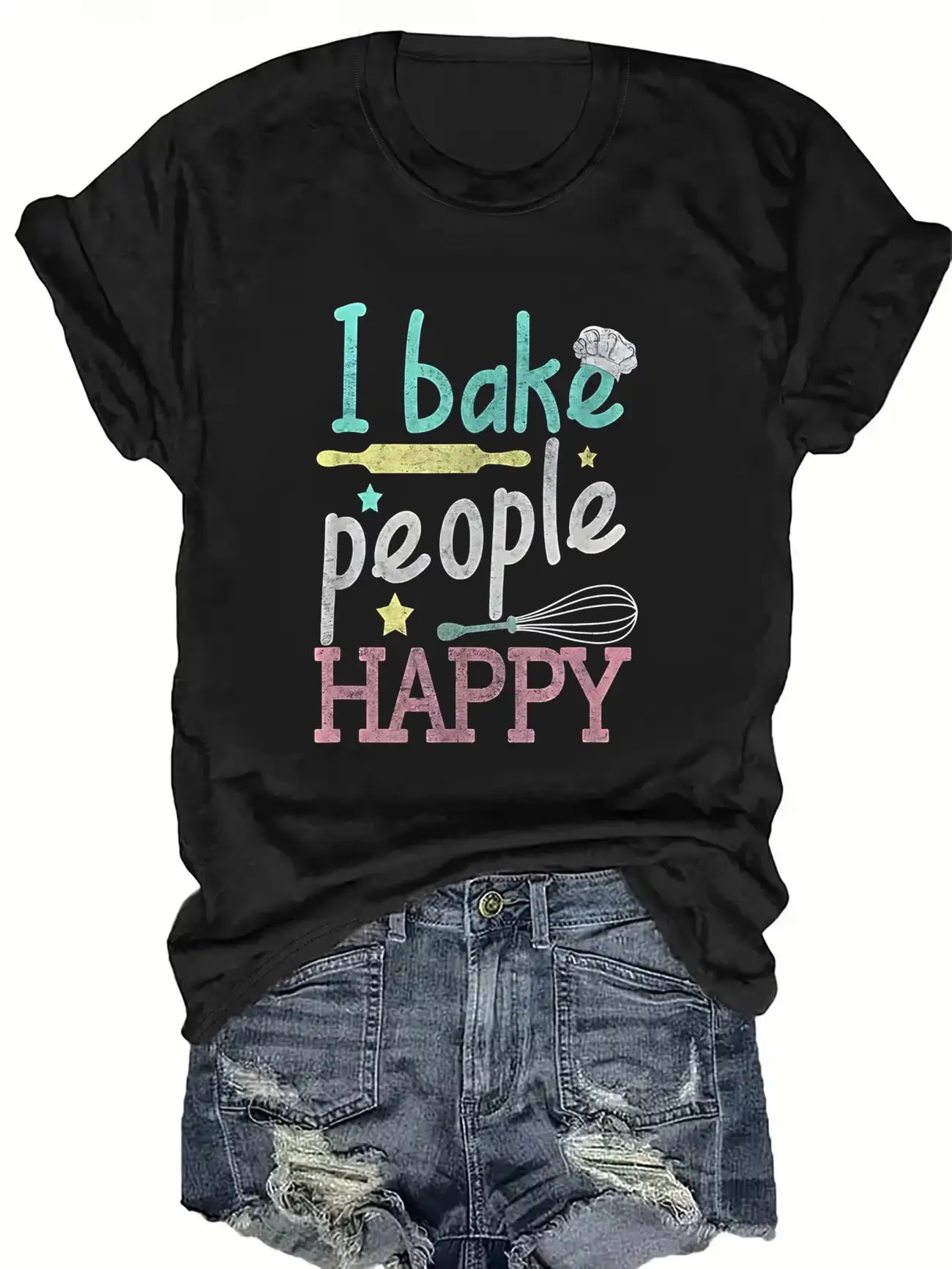 

Plus size women's short sleeve T-shirt I Bake People Happy soft and comfortable fabric summer outfits women's clothing