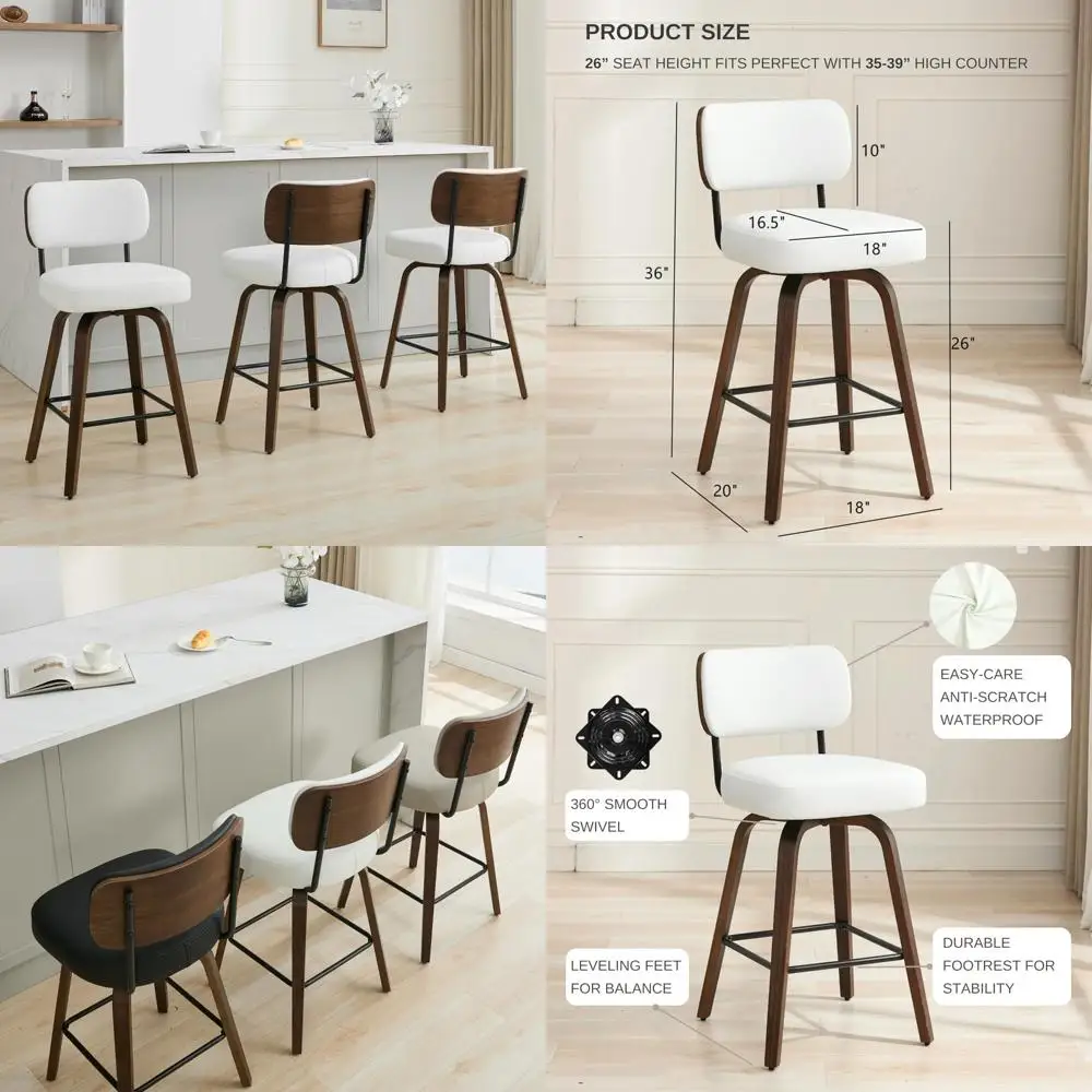 

Set of 3, 26" Upholstered Swivel Bar Stools with Backrest and Walnut Wood Legs, Faux Leather Counter Height Barstools
