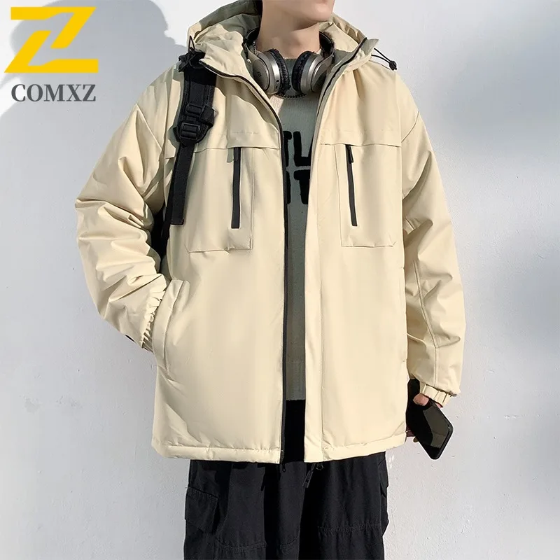 سترة مبطنة للسفر للرجال من COMXZ على الطراز الكوري، سترة مريحة بغطاء للرأس، تصميم بلون سادة، سترات شتوية دافئة مقاومة للبرد #3