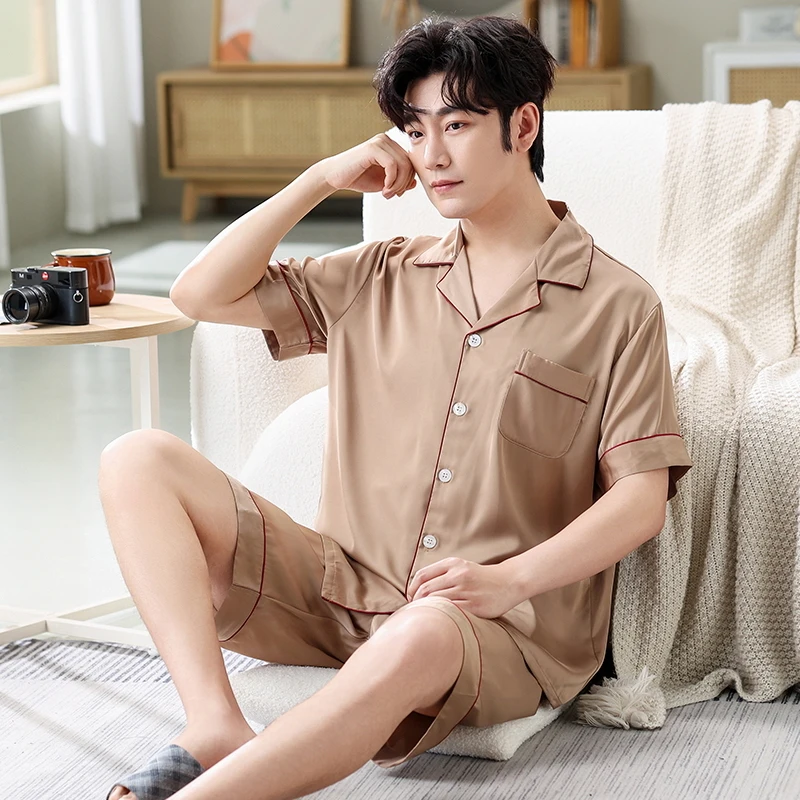 New Summer Solid Color Pajamas Set Mens Big Yards Silk Satin Pyjamas Male Short Sleeve Shorts Nightgown Chinese Silk Sleepwear