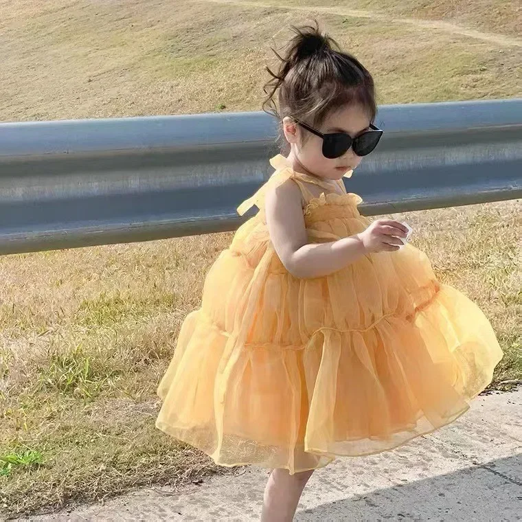 

Girl Dress New 2023 New Spring Summer Korean Fashion Style Mesh Suspender Dress Baby Girl Solid Princess Dress Casual Dresses