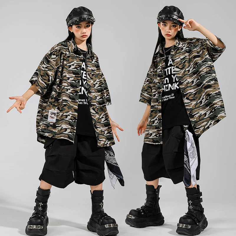 Jungen Hip Hop Camouflage Mantel Cargo-Shorts Mädchen K-pop Street Dance Kleidung Kinder Military Streetwear Kinder Jazz Kleidung Set