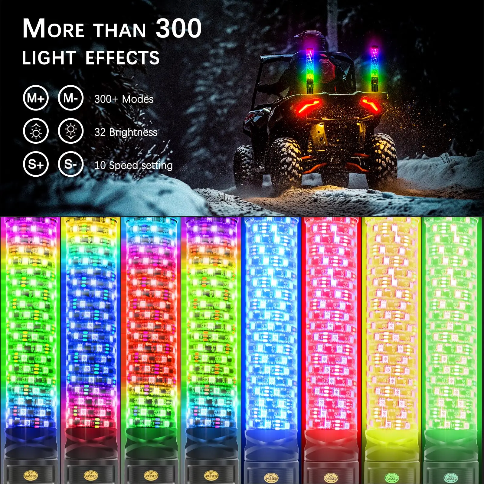 Bluetooth controle remoto espiral LED chicote luzes, 1ft, antena iluminada, colorido, ATV Polaris RZR Can-am X3 UTV, 2pcs