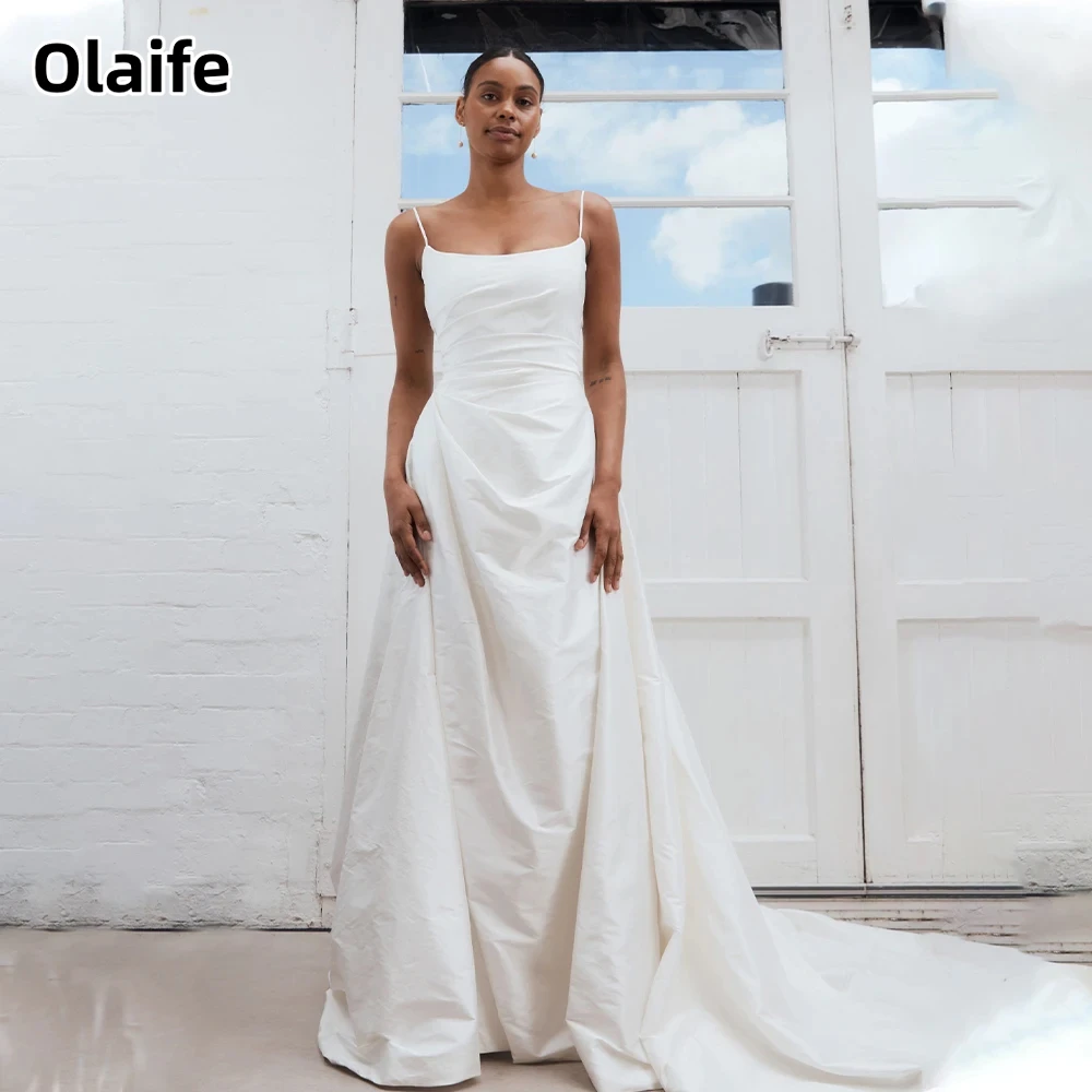 Olaife Charming Spaghetti Straps Satin Sleeveless Sweep A-line Wedding dresses With Detachable Train Bridal Grown