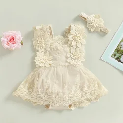 Newborn Baby Girl Photoshoot Outfits Boho Floral Lace Romper with Head Band Half First 1st Birthday Photography Outfits