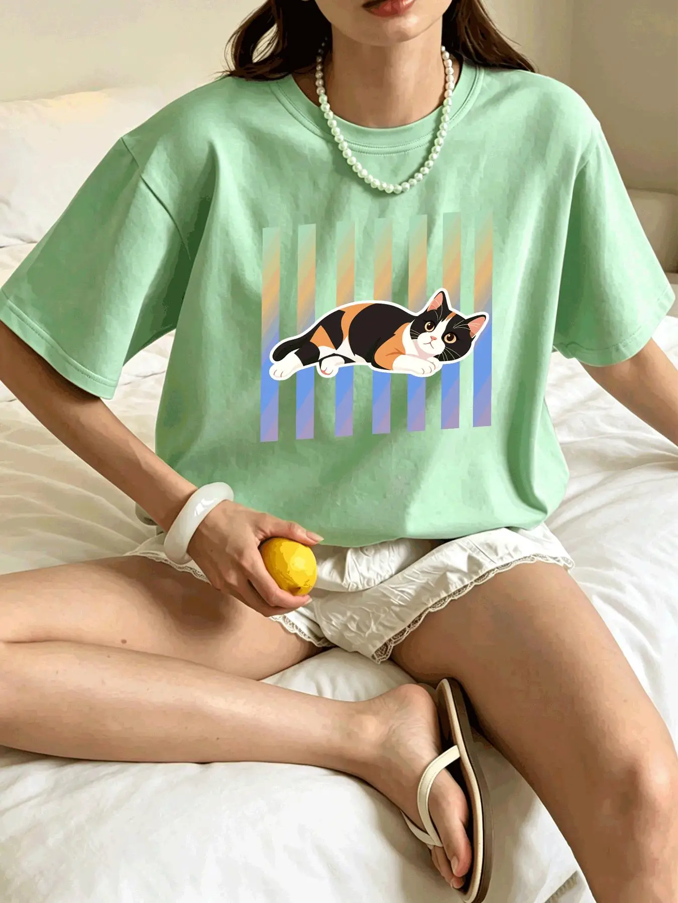 Calico Cat Lying Cute Printed Women'S T-Shirt Summer Breathable T Shirts O-Neck Casual Short Sleeve Cotton Vacation Streetwear
