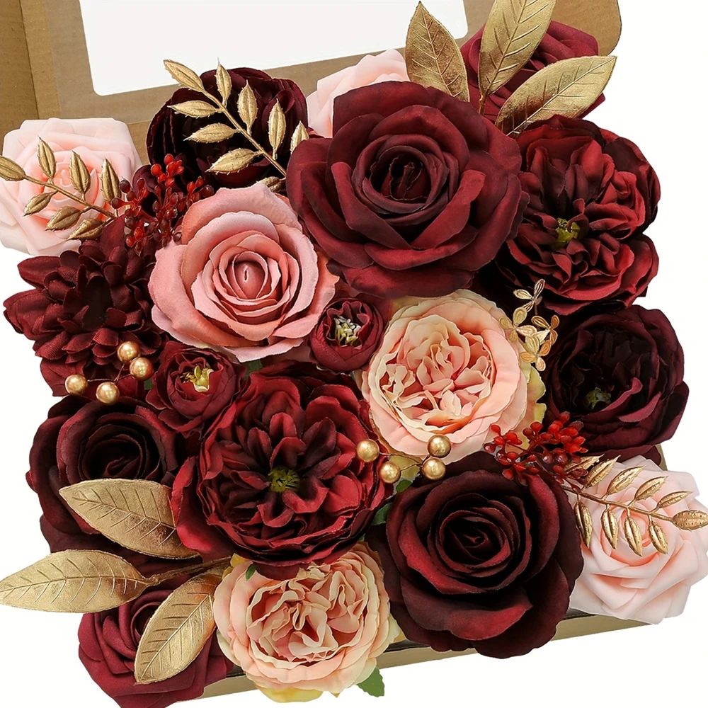 Wine red rose artificial flower combination box, bridal bouquet, outdoor/indoor DIY decoration, holiday decoration flowers