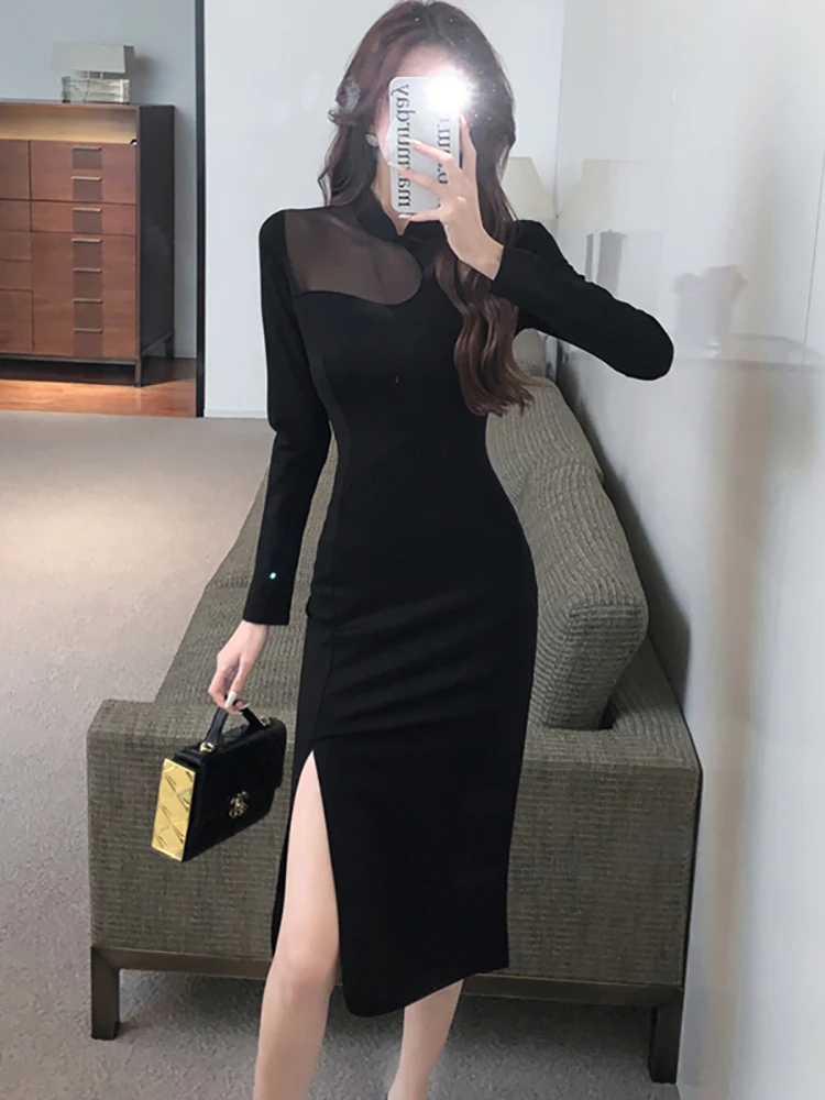 2024 Black Patchwork Mesh Sheer Sexy Slit Long Dress Women Korean Vintage Hepburn Dress Autumn Winter Elegant Festival Vestidos